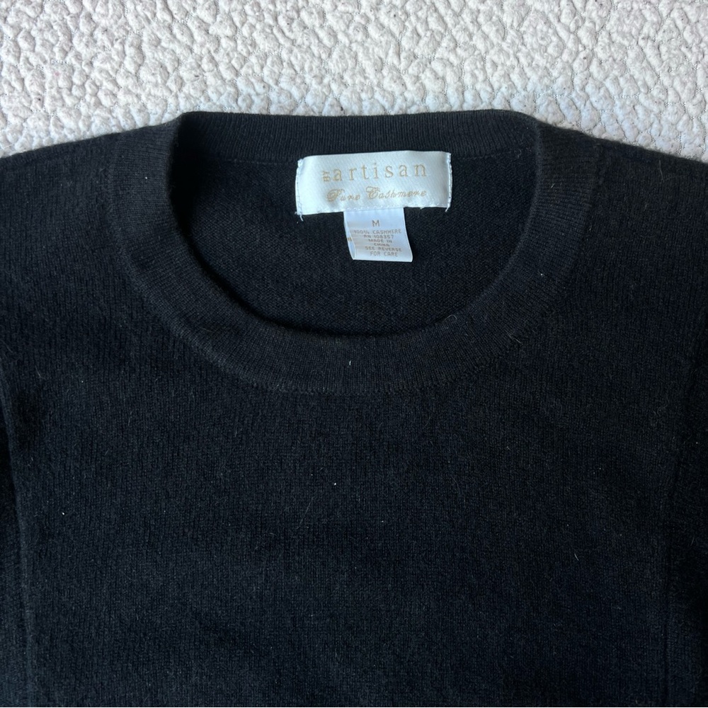 By Artisan 100% Cashmere Puff Short Sleeve Knit Top Black Elegant Soft Medium - Picture 2 of 3
